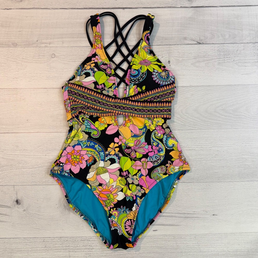 Trina Turk Womens Floral Paisley Strappy Back One Piece Swimsuit Size 6
